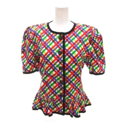 イヴサンローラン YVES SAINT LAURENT ヴィンテージ 美品 ノーカラーブラウス ペプラム パフスリーブ チェック柄 半袖 7 マルチカラー /YJ ■ECD002