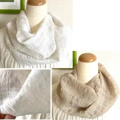 透け感を楽しむ夏向き無地チェック柄のジョーゼットサッカー生地の大人スヌード（シングル、ねじりあり）アイボリー/ベージュ