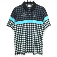 【美品】ルコック 半袖ポロシャツ 黒×グレー チェック 胸ライン メンズ LL ゴルフウェア le coq sportif