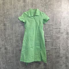 【T-735】レディース ワンピース M相当 グリーン カットワークレース 半袖 ロングワンピース 花柄 総レース 春夏ワンピース 古着 襟汚れあり ナチュラル系