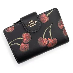 コーチ CDF10 ミディアム コーナー ジップ ウォレット チェリープリント スムースレザー ブラック 二つ折り財布 ゴールド金具 COACH（未使用　展示品）