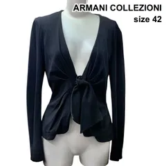 ◇ アルマーニコレツォーニ ARMANI COLLEZIONI リボン ニットカーディガン 長袖 深Vネック ショート丈 黒 42 L～XL 13号 レディース Z6B767のサムネイル