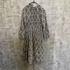 【Y-427】レディース ロングワンピース M相当 花柄 総柄 プリーツワンピース 長袖 ハイネック フレアワンピース ウエストゴム 秋冬 古着 ナチュラル系