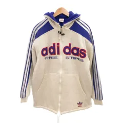 アディダスオリジナルス adidas originals ヴィンテージ デサント製 ジップパーカー スリーストライプス ロゴ 裏ボア L アイボリー 青 ブルー /YJ ■ECD002