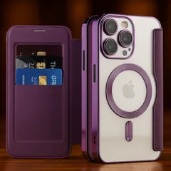 iPhone 16 Pro ケース 手帳型 パープル MagSafe対応 カード収納 レザー調 【全8色展開】