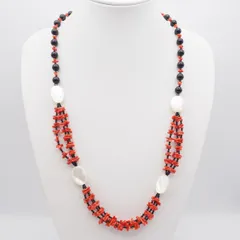 R884 赤珊瑚 サンゴ SILVER刻印 ネックレス オニキス シェル 3連 デザイン シルバー 3月誕生石
