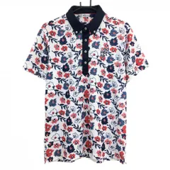 【美品】アンパスィ 半袖ポロシャツ 白×ネイビー×レッド 総柄 花 リーフ ボタンダウン メンズ LL ゴルフウェア and per se