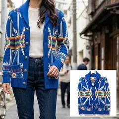 個性的【TITICACA】チチカカ  ショールカラー ニット カーディガン エスニック ボヘミアン 民族柄 コンチョボタン ウール混 ブルー 青色 総柄 レディース ウィメンズ オーバーサイズF /M43577jQのサムネイル
