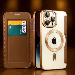 iPhone 16 Pro ケース 手帳型 ブラウン×ゴールド カード収納 MagSafe対応 レザー調 高級感 スマホカバー 全8色展開