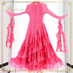 社交ダンス 衣装 スタンダード ドレス ワンピース パーティドレス Leirena レイリーナ ピンク系 フロート キラキラ レース フリル 長袖 ビビッドピンク 軽やか 華やか ステージ衣装 ダンスウェア フラッフィー おしゃれ フェミニン