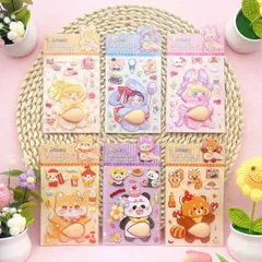 お腹 おなかぷにぷにシール 3/6枚セット お腹立体シール 動物 シール 柔らかいお腹 かわいい マシュマロ ふわふわ もちもち もっちり 柔らかいお腹 ぷにぷにシール かわいい 子供 女の子向け DIY用 手帳 水筒 日記帳用