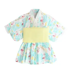 ＜在庫処分＞日系 女の子 ワンピース 120cm ブルー フラミンゴ柄 キッズワンピース 夏服 かわいい 子供服  bu1