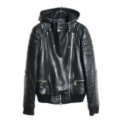 BALMAIN (バルマン) フーデット ラムスキン レザー ライダースジャケット ブラック 62 C896 D592