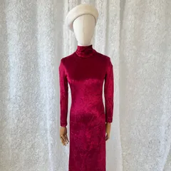 ベルベット ロングドレス ヴィンテージワンピース ハイネック ベロア スリット入り　レッド パーティードレス