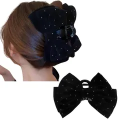 髪飾り ラインストーン ヘアアクセ 黒 上品 ベロア バンスクリップ 大きめ レディース リボン 高見え ヘアクリップ 大人可愛い