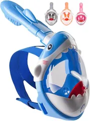 シュノーケルマスク サメ柄 子供用 浸水防止 ダイビングマスク 180°パノラマシービュー フルフェイス型 防曇設計 4色 水中メガネ 海水浴 180度視野 曇り止め シリコン 超広角