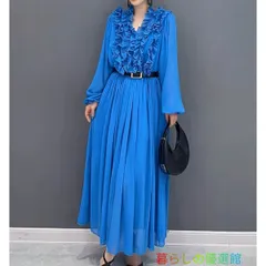 パーティードレス 結婚式 ワンピース ドレス  大きめ 袖あり 長袖 ロング丈 ロング フォーマルドレス 大きいサイズ フリル Vネック ブルー ウエスト ベルト 0lf0316