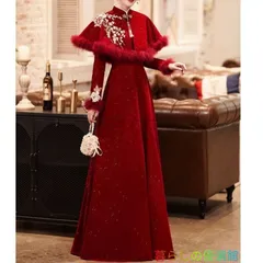 ゲストドレス ワインレッド 結婚式ドレス 二次会ドレス ワイン赤 ロングドレス ベロア ベルベット チャイナ風 立ち襟 ミモレ丈 ロング丈 長袖 半袖 お呼ばれドレス オシャレ イブニングドレス パーティードレス パフスリーブ 結婚式 二次会 84lf0316