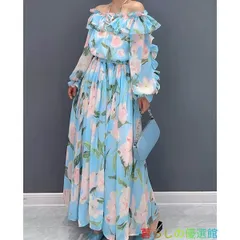 パーティードレス 結婚式 ワンピース ドレス マキシワンピース 花プリント 大きめ  ロング丈 ロング フォーマルドレス 大きいサイズ オフショルダー 長袖 エレガント ブルー オレンジ 8lf0316