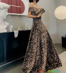 カラードレス カクテルドレス ロングドレス ゴールド系 スパンコール パーティードレス 発表会 演奏会 ステージドレス コンクール イブニングドレス 大人 フォマール オフショルダー 編み上げ 74lf0316