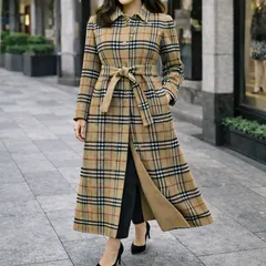 【L】バーバリー 着丈110!! ダブルフェイスリバーシブルコート ウール キャメルブラウン 全面ノバチェック BURBERRY レディース B1716