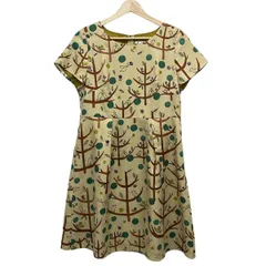 JOCOMOMOLA(ホコモモラ) ワンピース サイズ40 XL レディース美品  - ベージュ×ダークブラウン×マルチ クルーネック/半袖/ひざ丈