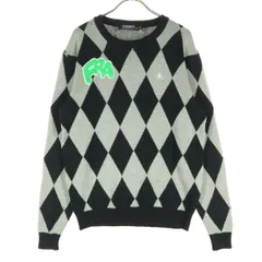 le coq sportif ルコックスポルティフ 日本製 ダイヤチェック柄 ゴルフ 長袖 ウール ニット 丸襟 セーター M ブラック メンズ 古着