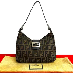 極 美品 袋付き FENDI フェンディ ズッカ FF 柄 ロゴ 金具 キャンバス レザー 本革 セミ ワン ショルダーバッグ ブラウン ブラック 33359