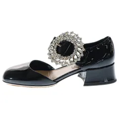 miumiu (ミュウミュウ) パテントレザー クリスタル ビジュー装飾 オーバルバックル ベルト ストラップ ヒール スクエアトゥ パンプス シューズ ブラック レディース