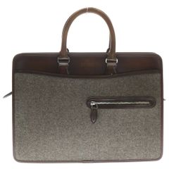 Berluti Un Jour Briefcase Business Bag Handbag Shoulder Bag 2-Way Bag Brown x Gray Leather x Wool Silver Hardware