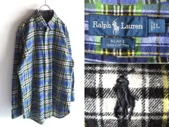 希少 90s-00sビンテージ Ralph Lauren ラルフローレン BLAKE ポロポニーロゴ刺繍 チェックシャツ ネルシャツ BDシャツ L ラベンダーブルー