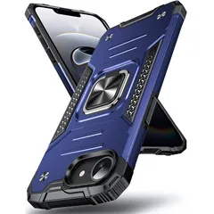 【新品】 DASFOND iPhone 17E/16E 用 ケース 360度回転メタルリングキックスタンド付き 米軍MIL 耐衝撃 強化PCハードバック 傷つけ防止 スマホケース アイフォン17E/16E カバー 6.1 インチ ブルー