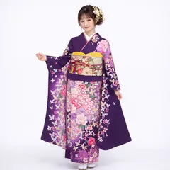 ６振袖 成人式 紫 花柄振袖7点セット フルセット 華やか振袖 可愛い振袖 前撮り 和装 フォト撮影 中古振袖 Mサイズ