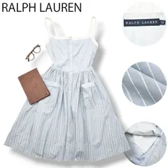 90s ラルフローレン RALPH LAUREN キャミソール Aライン ワンピース ドレス プリーツスカート エプロン風 5 ストライプ柄 ライトブルー x ホワイト アメトラ レディース ♪