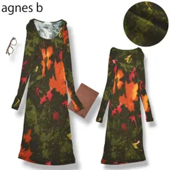 【美品】 アニエスベー agnes b ストレッチ ロング丈 ワンピース ドレス 総柄 プリント クルーネック 薄手 花 オリーブグリーン系 マルチカラー レディース 女性用 ♪