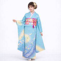 銀通し ターコイズブルー 振袖 桜花文 暈し染め 正絹 しつけ糸付き
