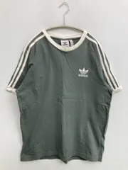 adidas アディダス Tシャツ/カットソー L グリーン 無地 ブランドロゴ ライン柄 ミドル丈 半袖 クルーネック(丸首)