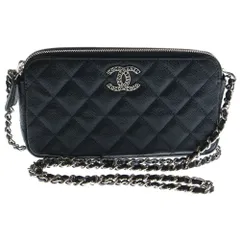 CHANEL (シャネル) マトラッセ キャビアスキン レザー ココマーク ロゴプレート チェーンショルダー バッグ ウォレット シルバー金具 ブラック AP3837