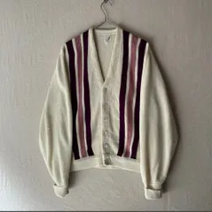 70s USA vintageカーディガン/ アクリル アイボリー ピンク パープル ストライプ ビンテージ K6-02013-2376
