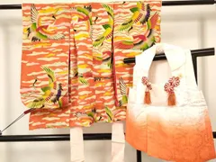 平和屋着物[]アンティーク　大正ロマン　七五三　女の子　３歳　祝着　三つ身　被布セット　群れ鶴　金彩　逸品　DABC5132ma