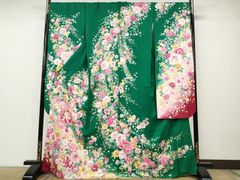 綺麗な地模様入りのグリーン地に桜が可愛い振り袖フルセット➕着付け用