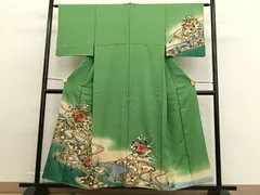 平和屋着物■訪問着　手描き　刺繍　流水花車文　暈し染め　金彩　正絹　逸品　BAAW4859hv