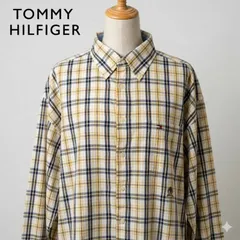 TOMMY HILFIGER トミーヒルフィガー 長袖チェックシャツ ボタンダウン XL イエロー ネイビー ライオン刺繍 90s Y2K 古着 ＃K027-71