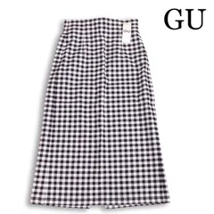 【新品 未使用】 GU ジーユー 通年 チェック★ レースアップ ナロー ミディースカート Sz.L レディース 黒