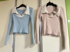 2種 まとめ KARA（カラ） クロップド ニット セーター 長袖Tシャツ (ブルー/ピンク)