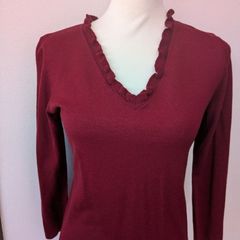 【未使用タグ付】NEWYORKER ウール100% フリルVネックニット M ボルドー イタリア糸