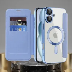 iPhone 17 ケース 手帳型 MagSafe対応 カード収納 レザー調 スマホケース 高級感 スカイブルー