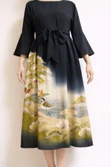 着物リメイク ワンピース ドレス 黒留袖 正絹 落款 作家物 流水鴛鴦松文