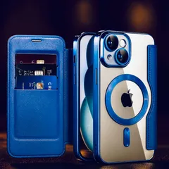 iPhone 15 ケース 手帳型 MagSafe対応 カード収納 レザー調 スマホケース 高級感 ネイビーブルー