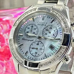 【稼働】シチズン エコドライブ クロノグラフ H504-S079128 シェル ダイヤベゼル 腕時計 シルバー ソーラー MOP ラインストーン ステンレス